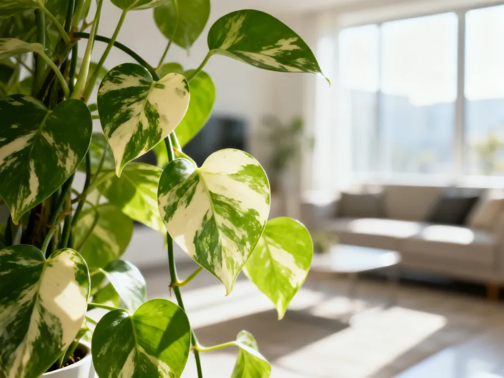 Zbliżenie na liście Epipremnum 'Happy Leaf' o biało-zielonym wybarwieniu w jasnym, nowoczesnym salonie.