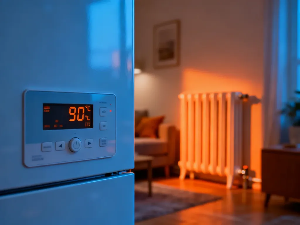 Panel sterowania nowoczesnym piecem Defro z widocznymi ustawieniami temperatury, symbolizujący przejście na tryb zimowy.